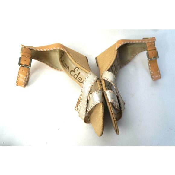 SAM EDELMAN Silvia US 10M Gold Nude Wedge Sandals Shoes w Ankle Strap & Zipper - Picture 5 of 7
